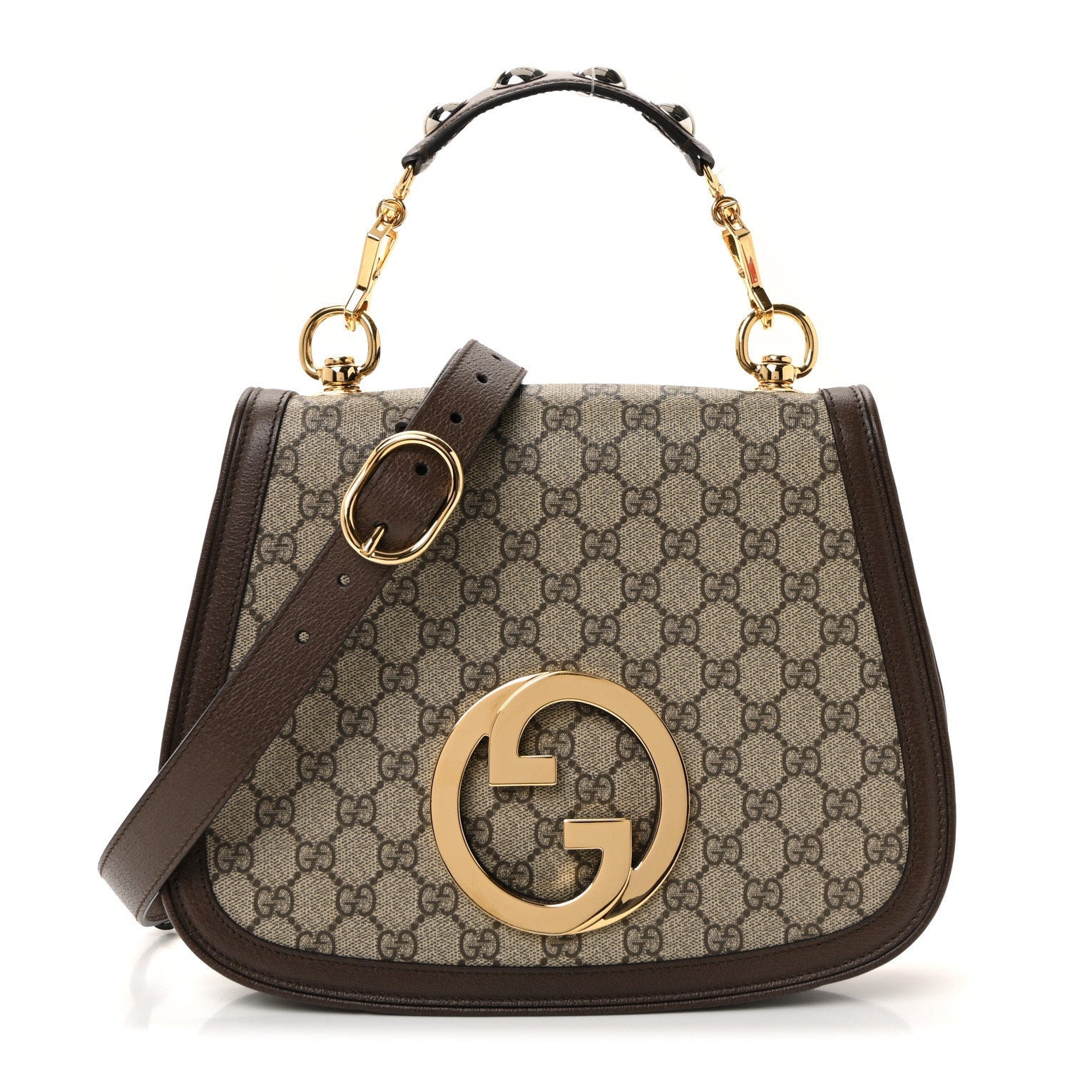 GG Supreme Monogram Textured Dollar Calfskin Web Medium Blondie Top Handle Shoulder Flap Bag Beige Ebony New Acero