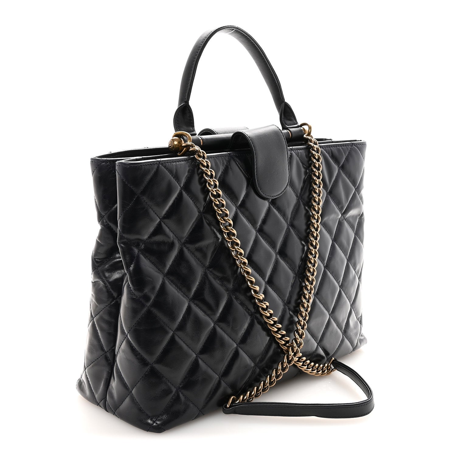 Glazed Calfskin Quilted Gold Bar Tote Dark Navy Blue