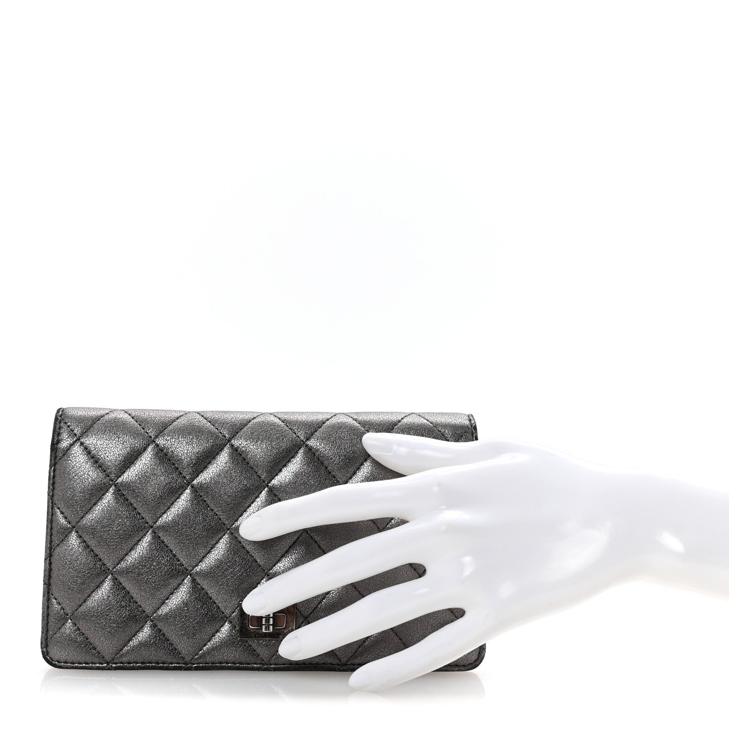 Metallic Aged Calfskin Quilted Reissue Yen Wallet Silver