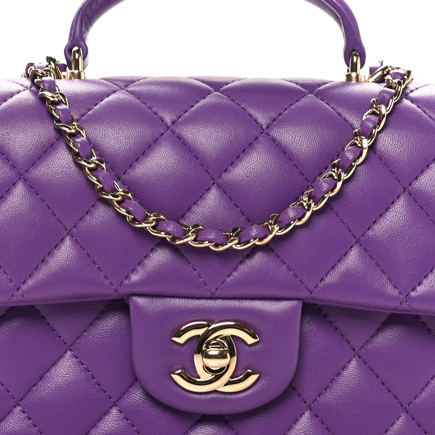 Lambskin Quilted Mini Top Handle Rectangular Flap Dark Purple