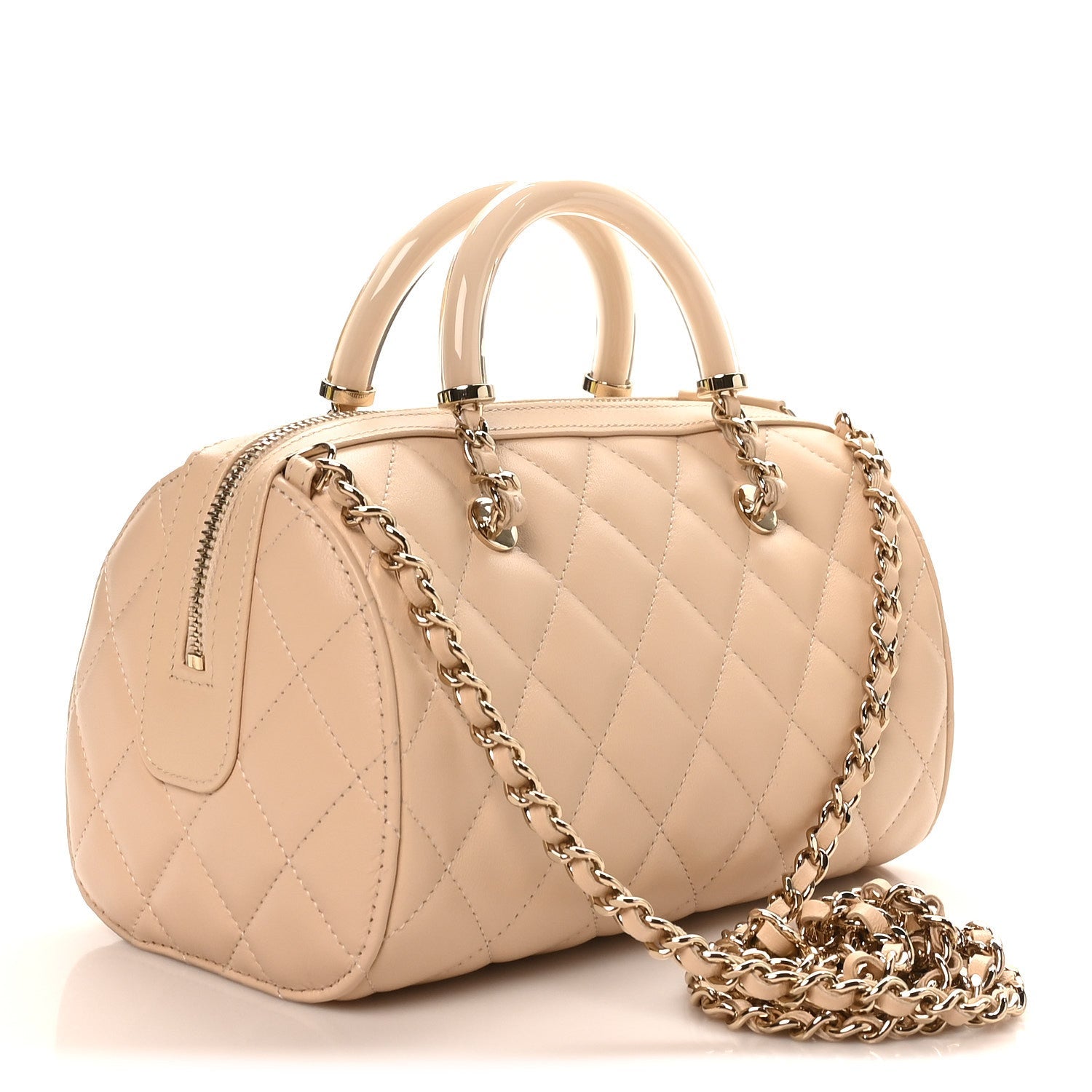 Lambskin Quilted Barrel Clutch With Chain Light Beige