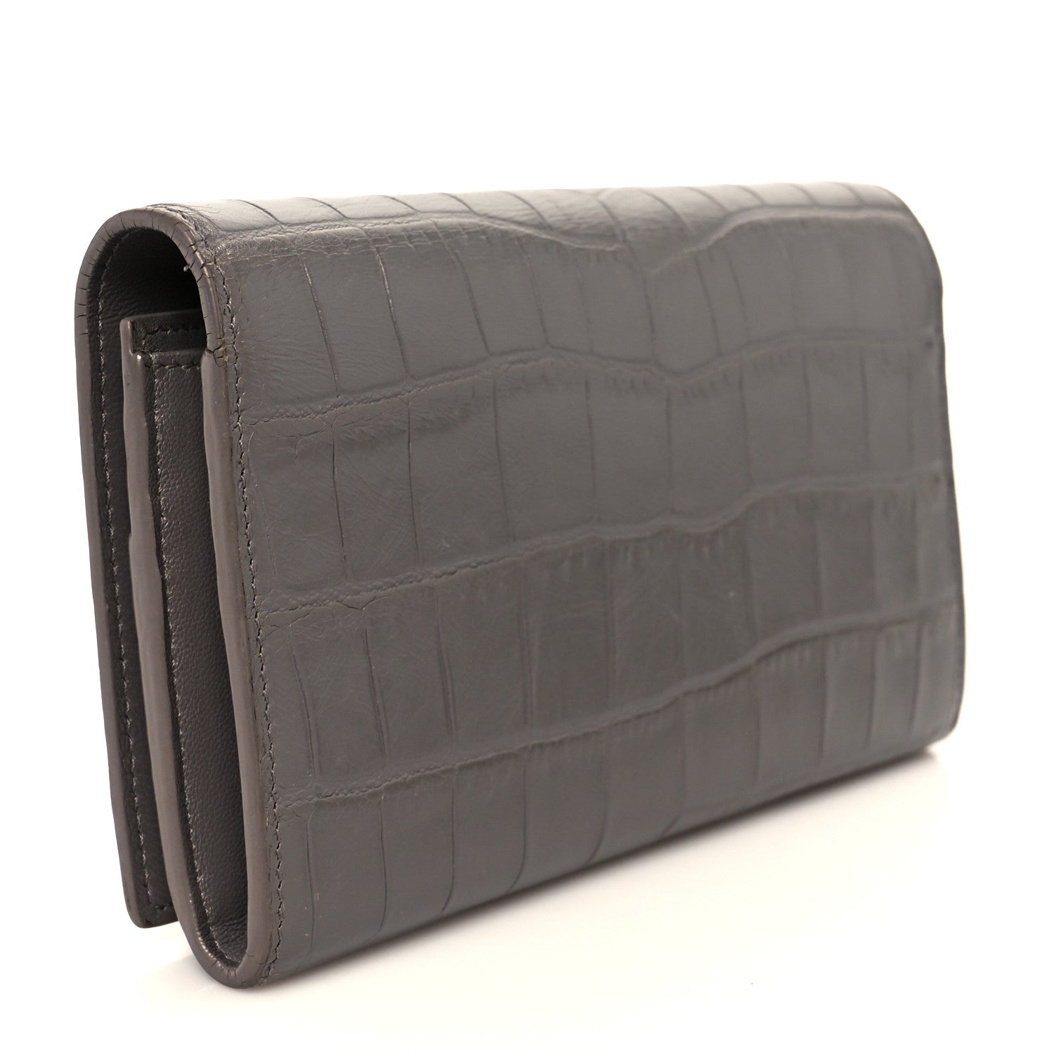 Calfskin Crocodile Embossed Classic Large Flap Wallet Fog