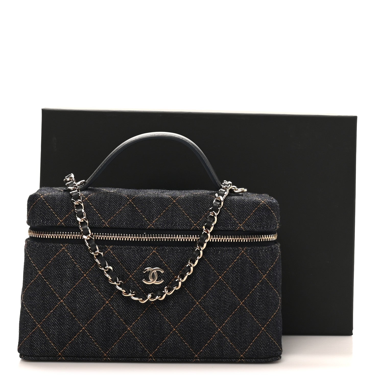 Denim Quilted Top Handle Slim Vanity Case With Chain Dark Blue Orange