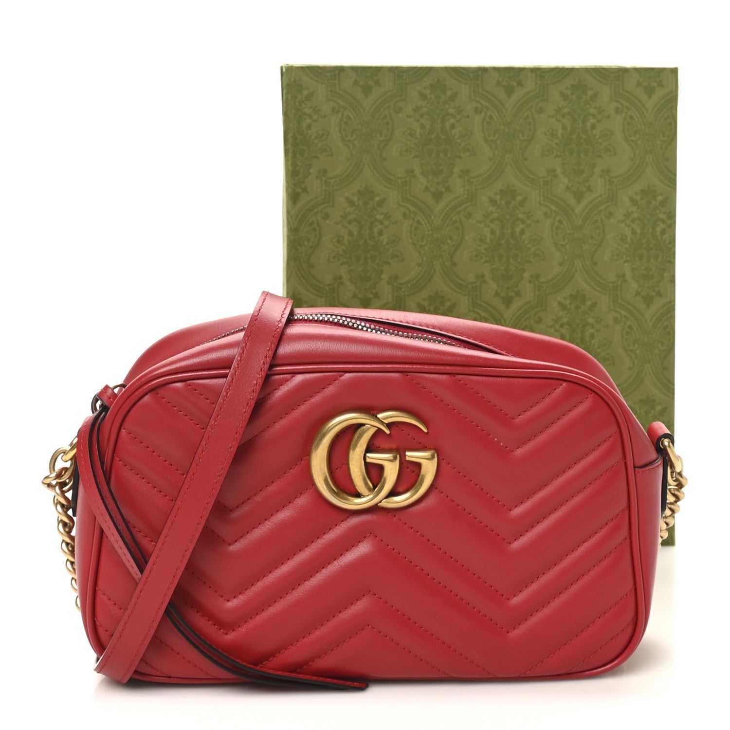 Calfskin Matelasse Small GG Marmont Chain Shoulder Bag Hibiscus Red