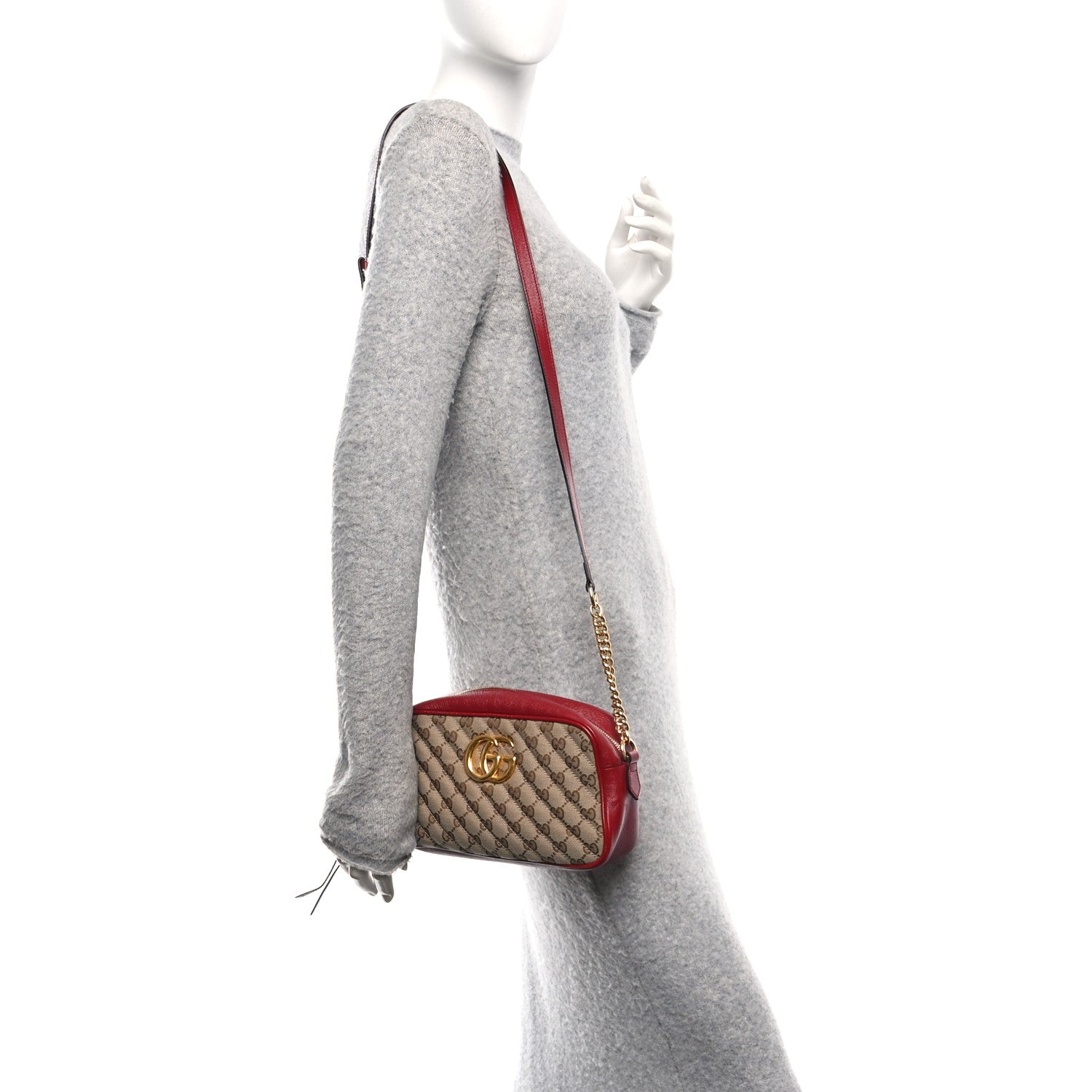 Monogram Azalea Calfskin Matelasse Diagonal Small GG Marmont Chain Shoulder Bag Beige Ebony New Cherry Red
