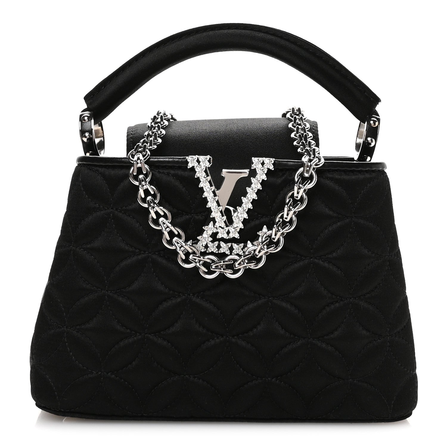 Satin Quilted Flower Crystal Mini Capucines Black