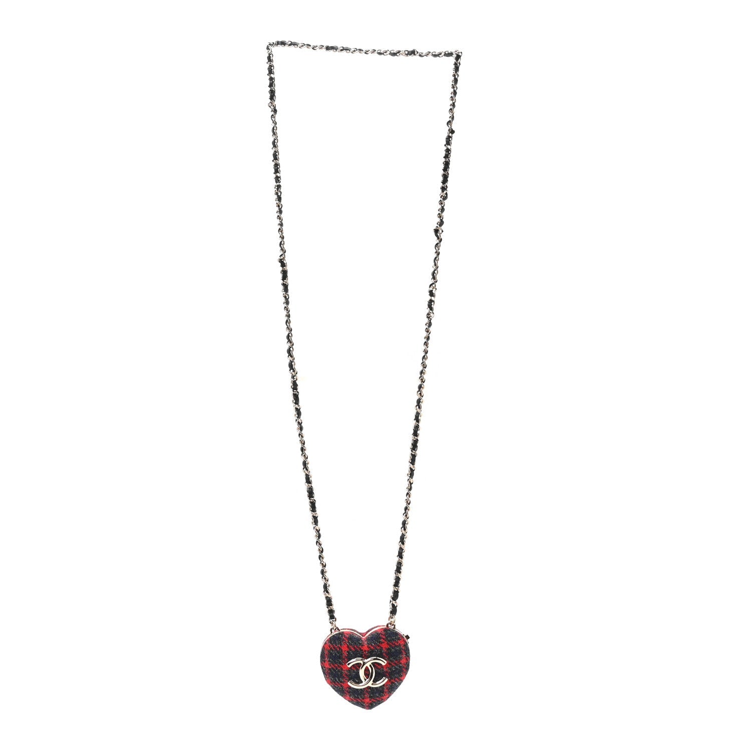 Tweed Lambskin CC Heart Locket Necklace Gold Grey Red Black