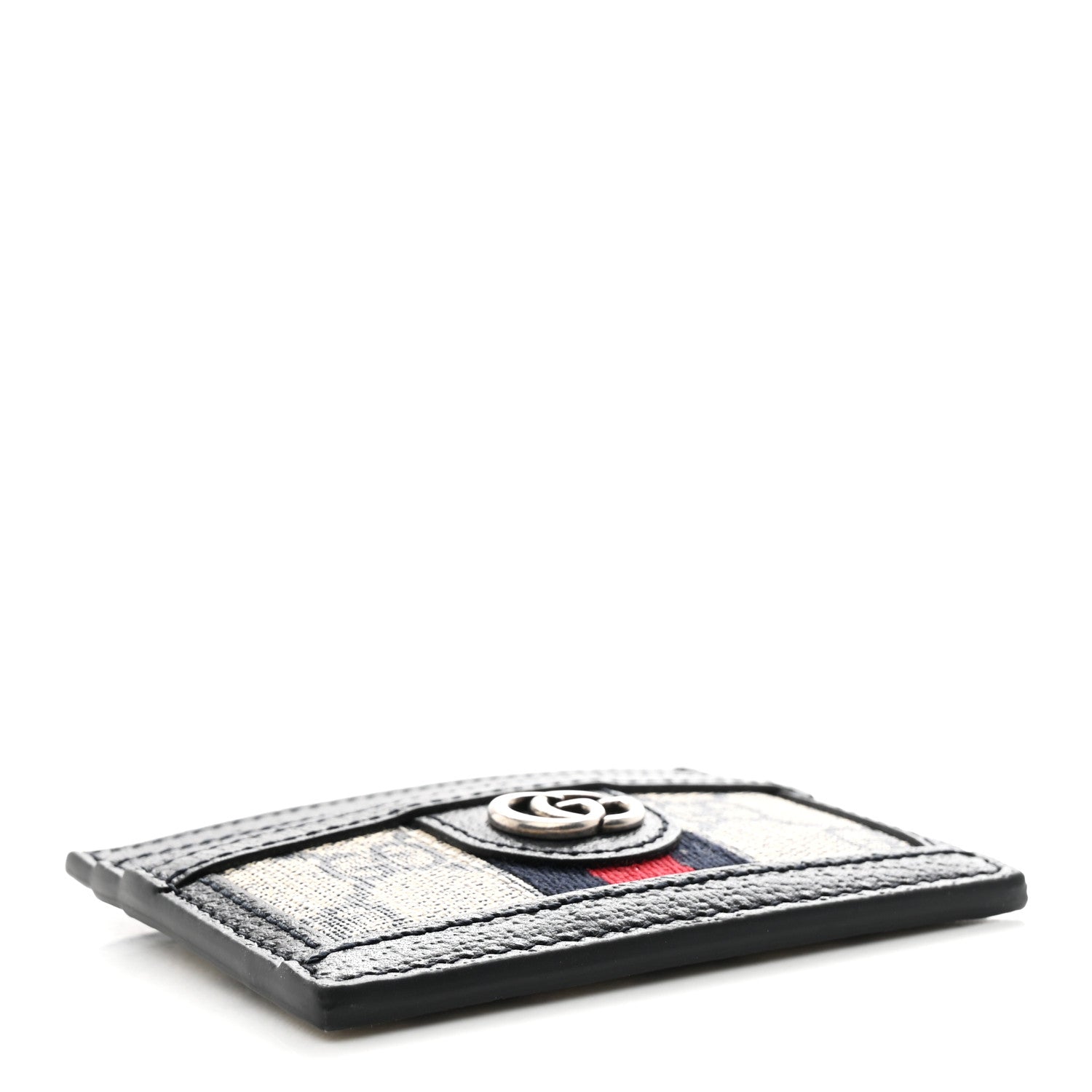 GG Supreme Monogram Textured Dollar Calfskin Web Ophidia Card Holder Beige Blue