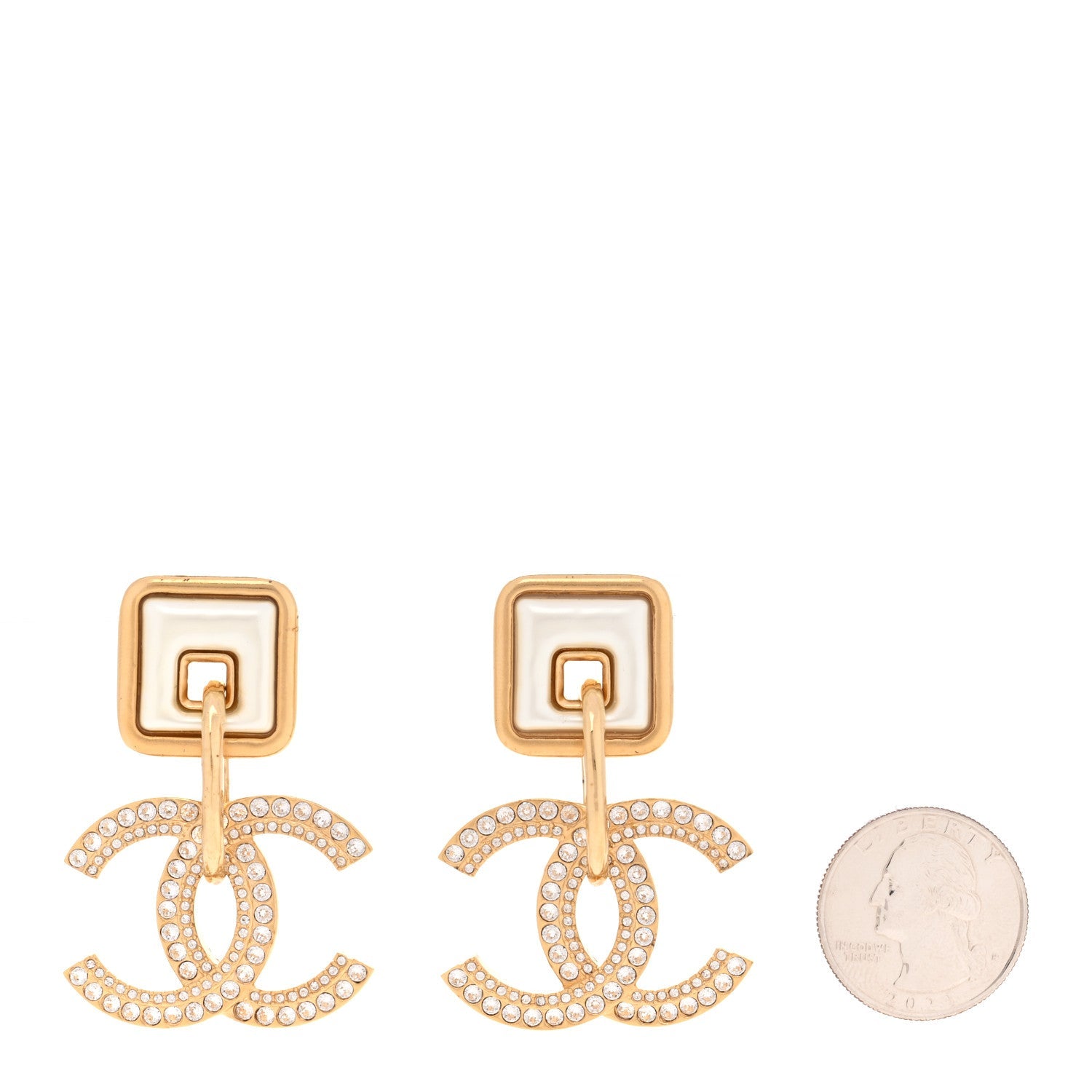 Crystal Pearl CC Square Drop Earrings Gold Pearly White