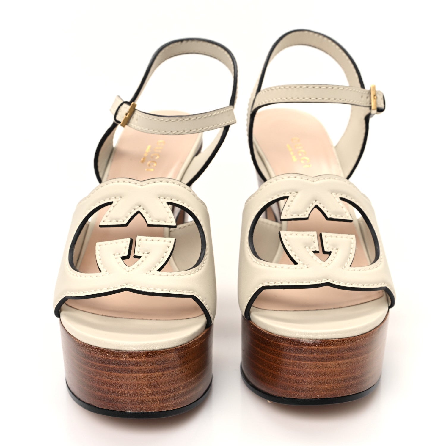 Cosmos Softy Calfskin Wooden Interlocking G Cut-Out 30/120mm Platform Sandals 36.5 Mystic White