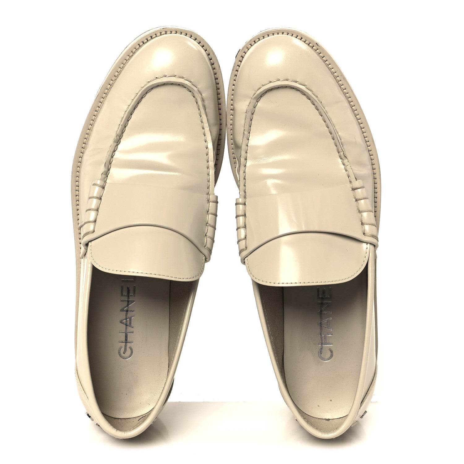 Shiny Calfskin Logo Loafers 38.5 Beige