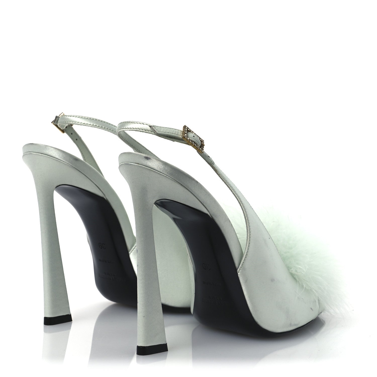 Crepe Satin Blanco Feathered Sandals 39 Slight Green