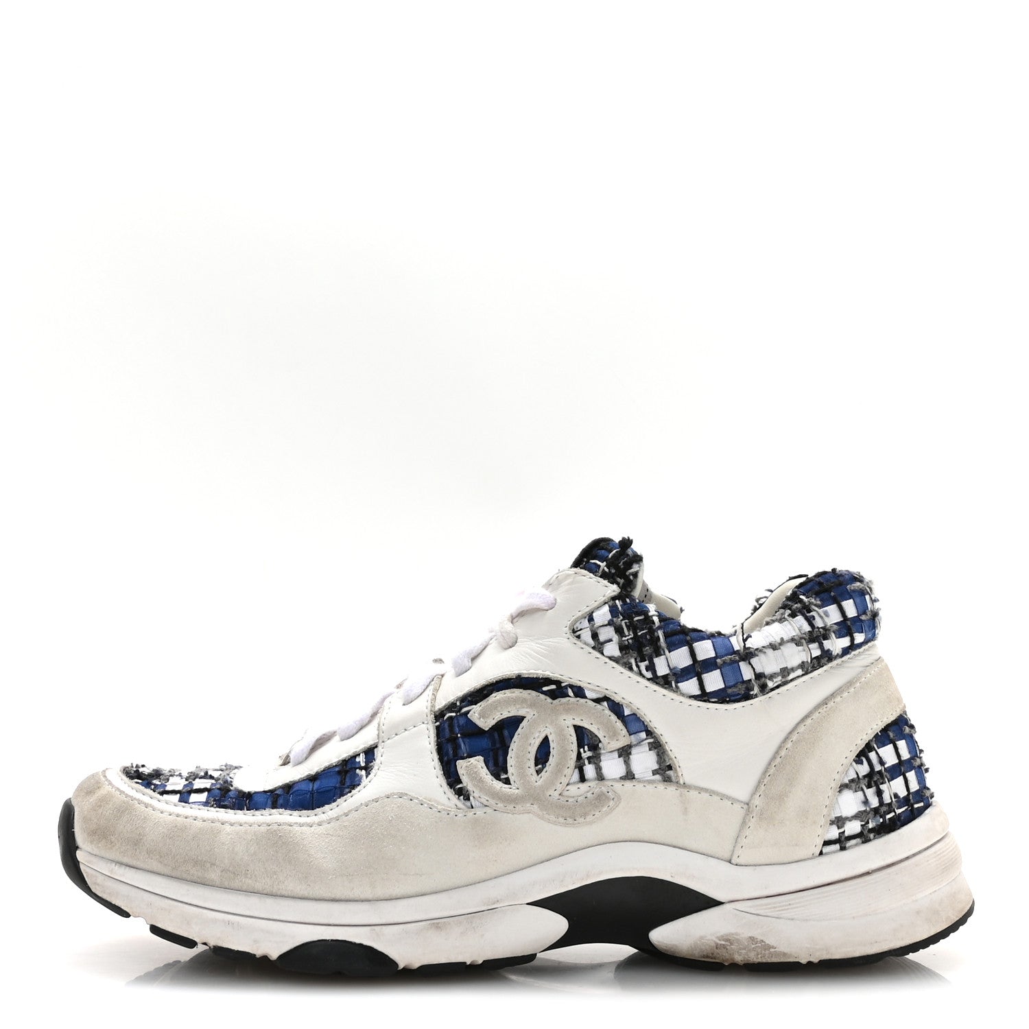 Tweed Suede Calfskin Womens CC Sneakers 39.5 Dark Blue Black Grey White