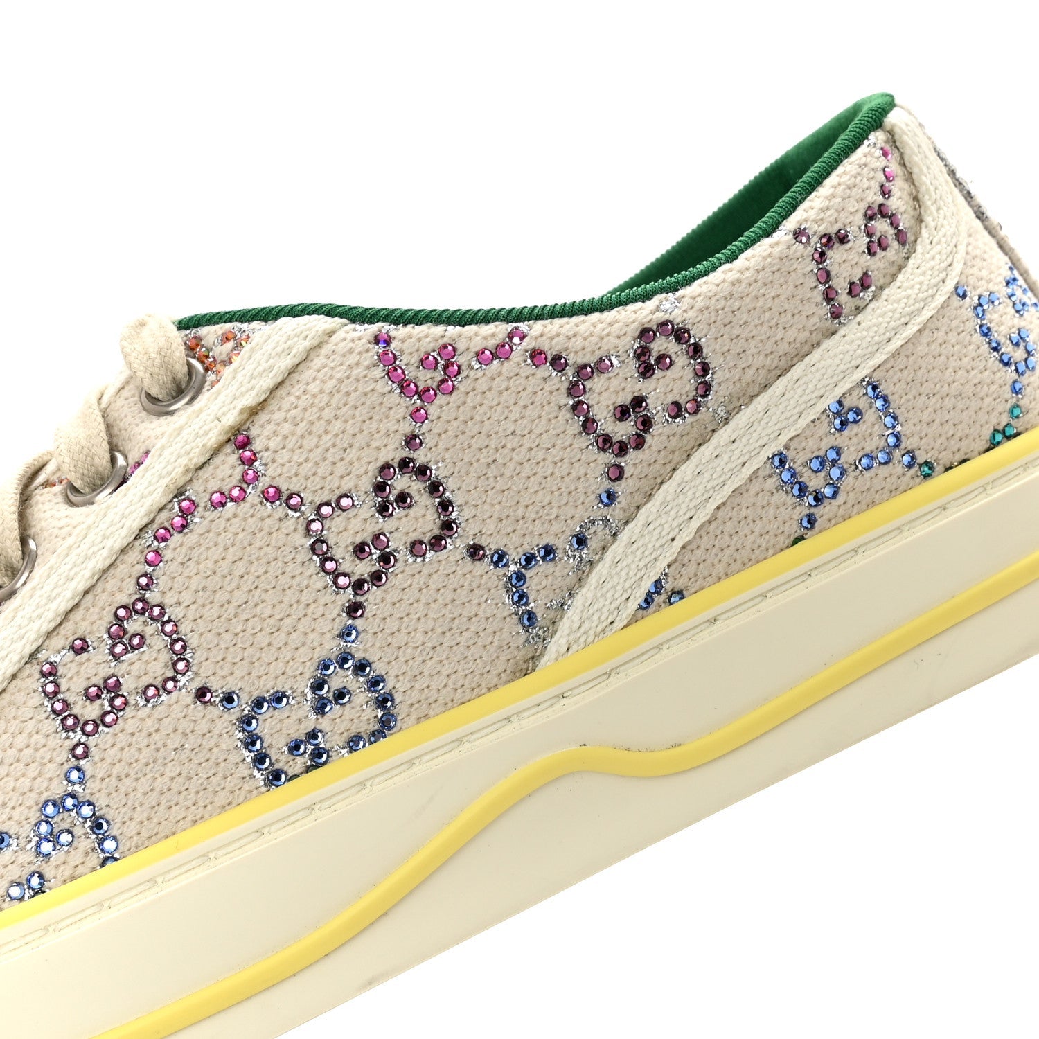 Canvas Lame Crystal GG Monogram Womens 1977 Tennis Sneakers 36 Gardenia Silver Mystic White