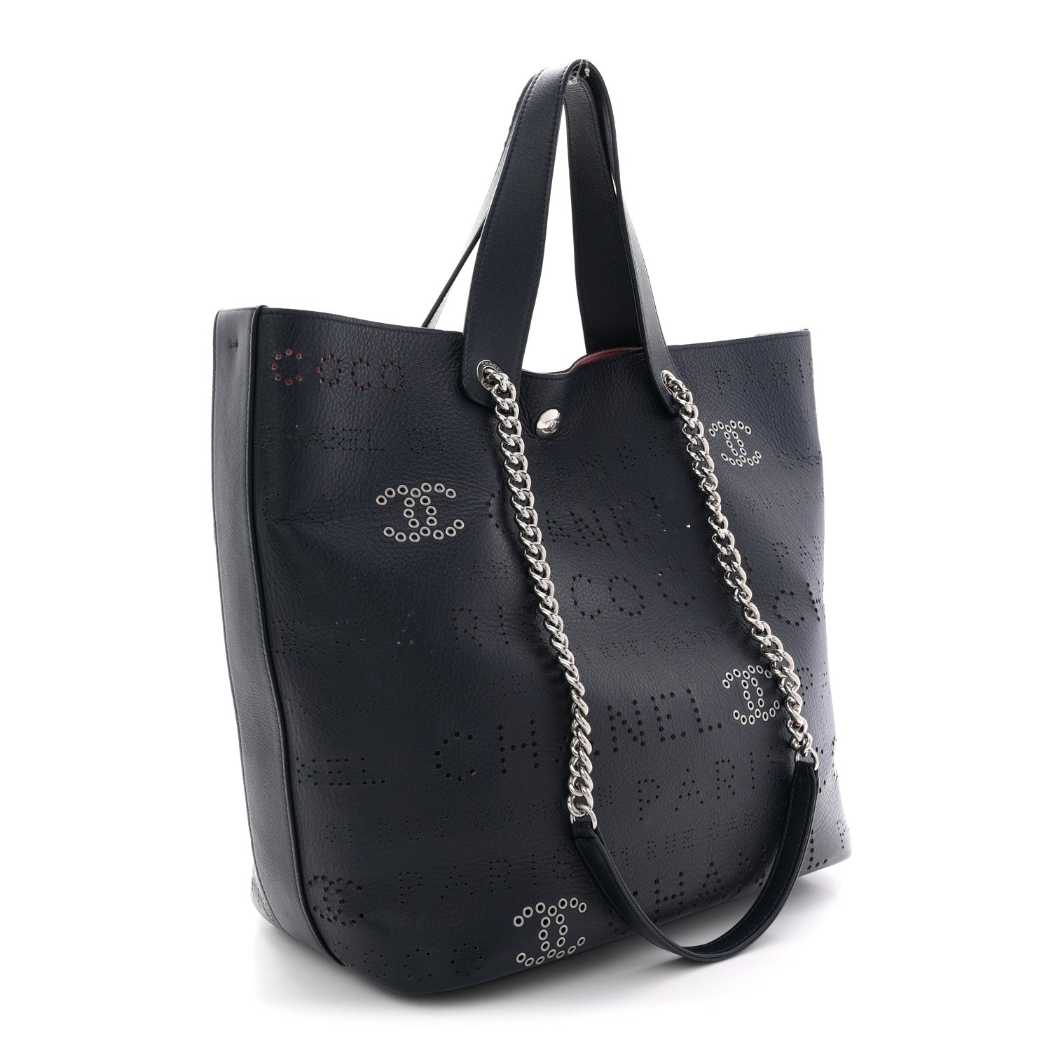 Calfskin Tweed Small Logo Eyelets Shopping Tote Navy Blue