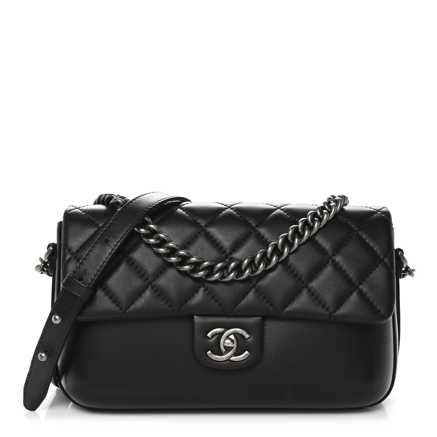 Calfskin Quilted Large Rock My Shoulder Flap Black