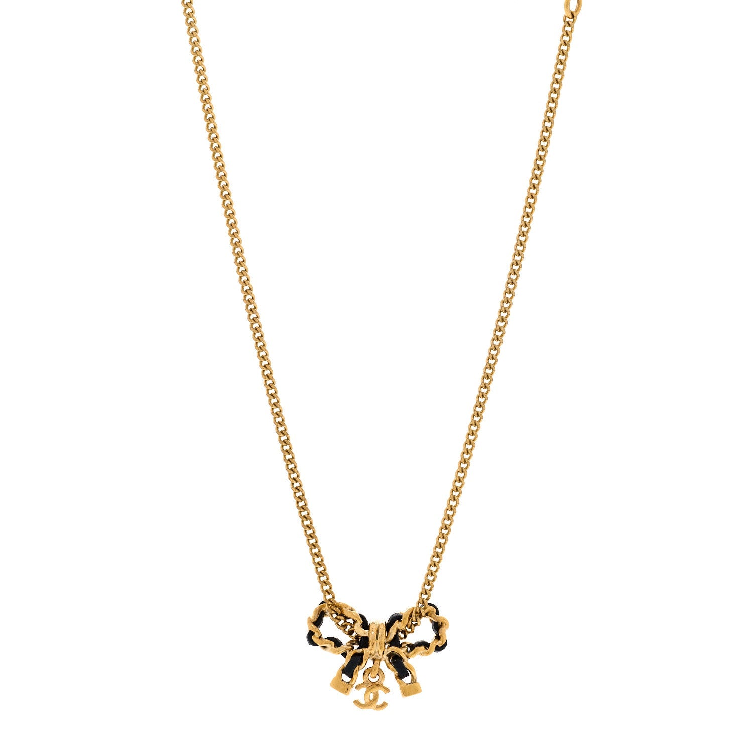 Metal Lambskin Chain CC Bow Necklace Black Gold