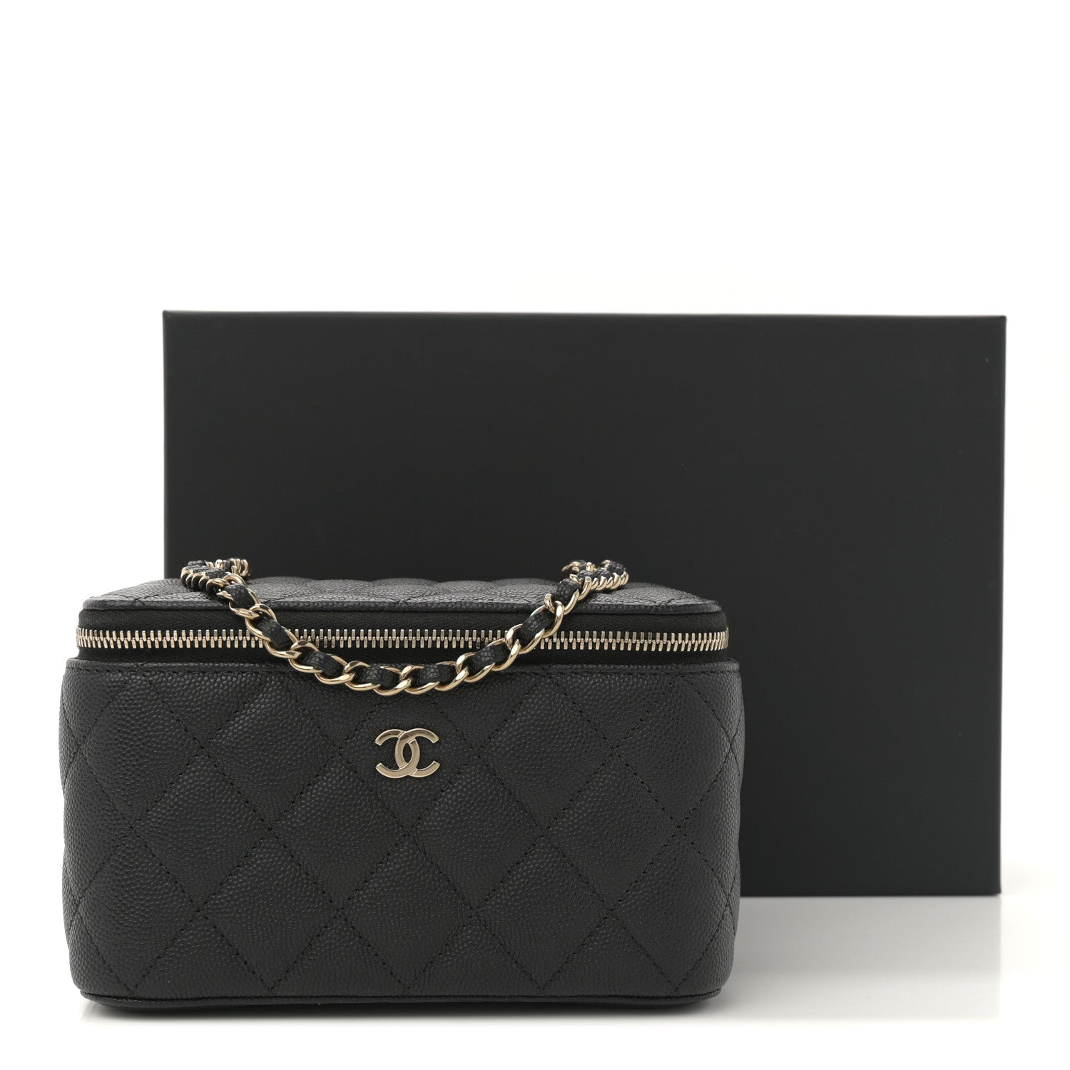 Caviar Quilted Small Vanity Case With Chain Black