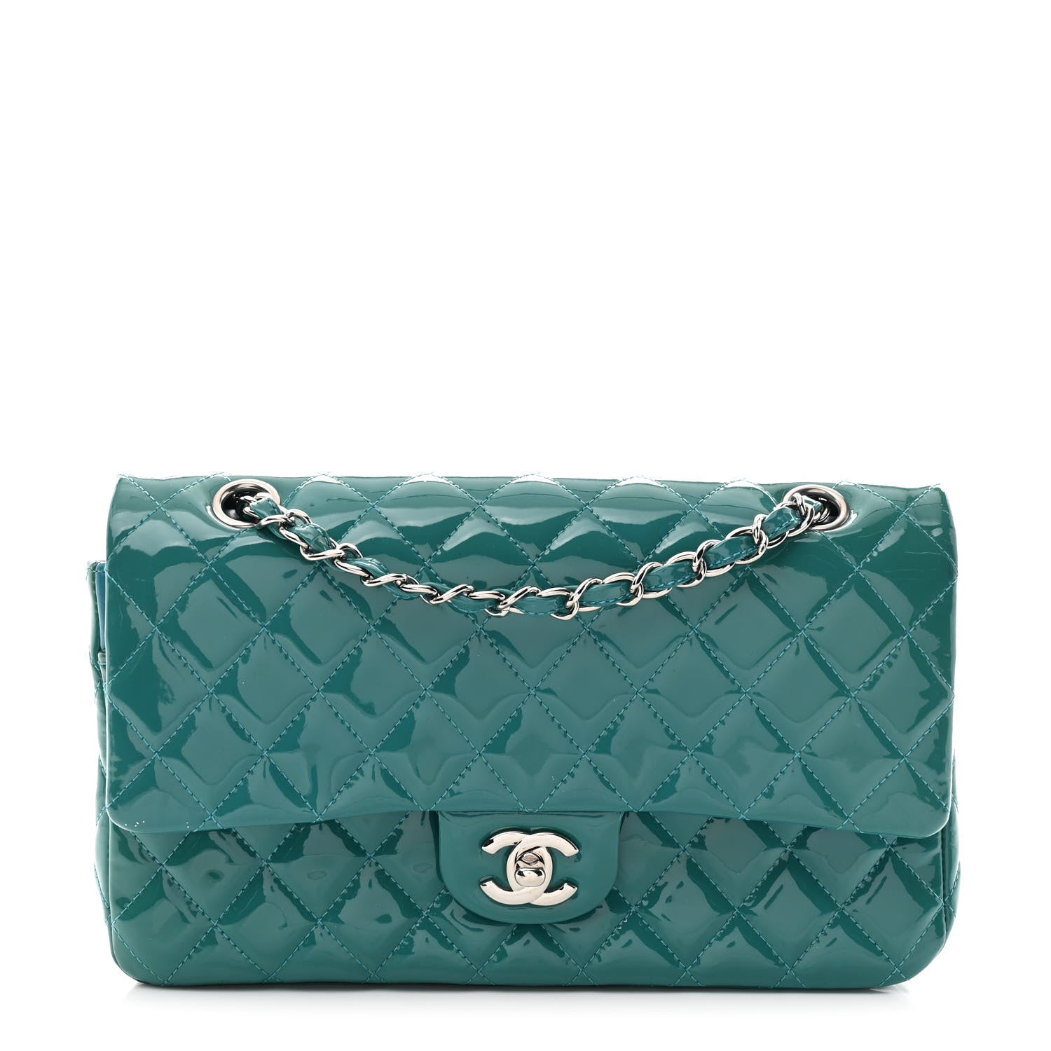 Patent Quilted Medium Double Flap Blue