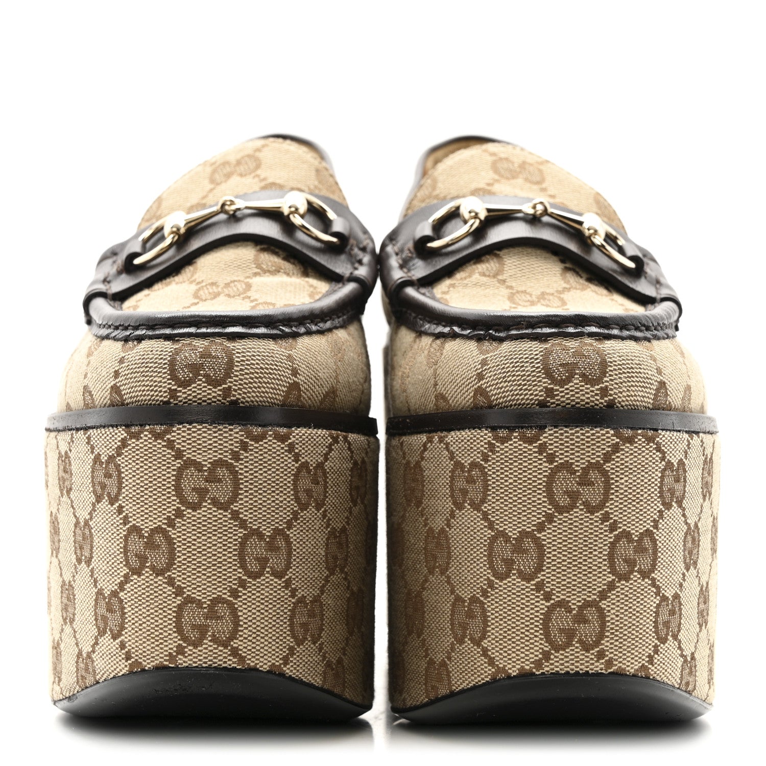 Canvas GG Monogram Horsebit Calfskin Womens Horsebit Platform Loafers 38 Beige Ebony