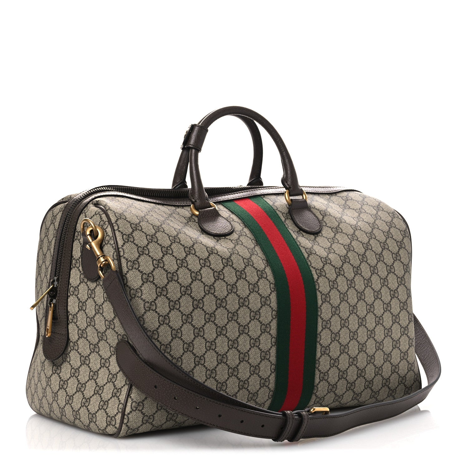 GG Supreme Monogram Textured Dollar Calfskin Web Medium Savoy Duffle Bag Beige Dark Brown