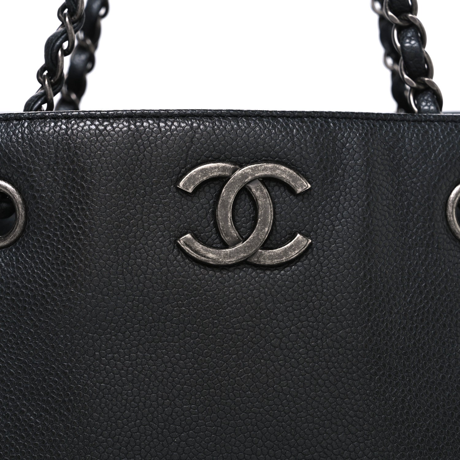 Metallic Grained Calfskin Medium Woven Chain Shopping Bag Black