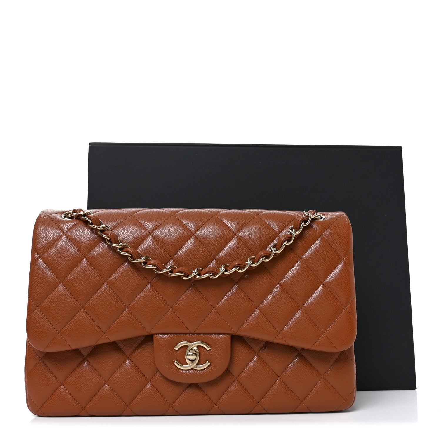 Caviar Quilted Jumbo Double Flap Light Brown