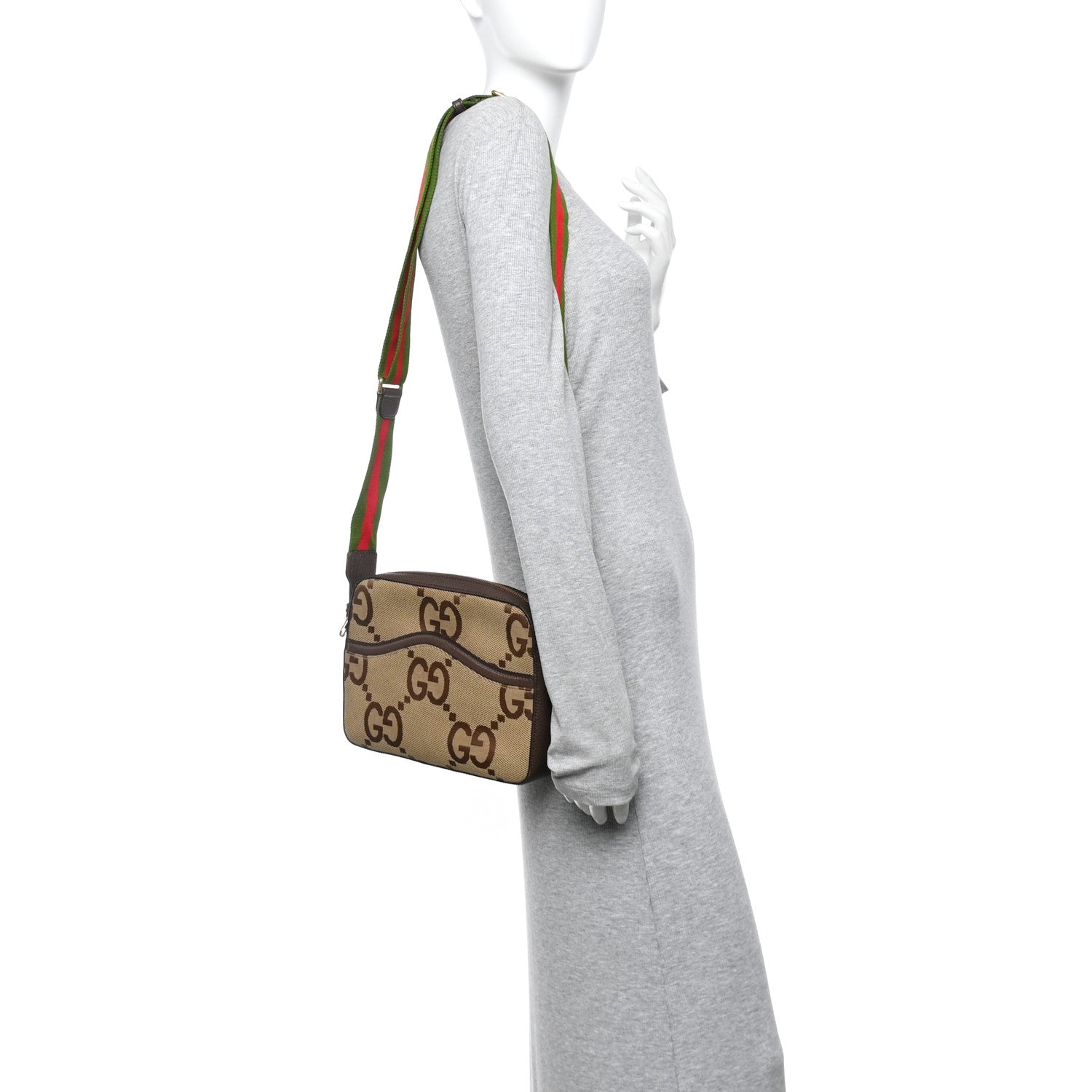 Monogram Jumbo GG Textured Dollar Calfskin Web Messenger Shoulder Bag Camel Ebony New Acero