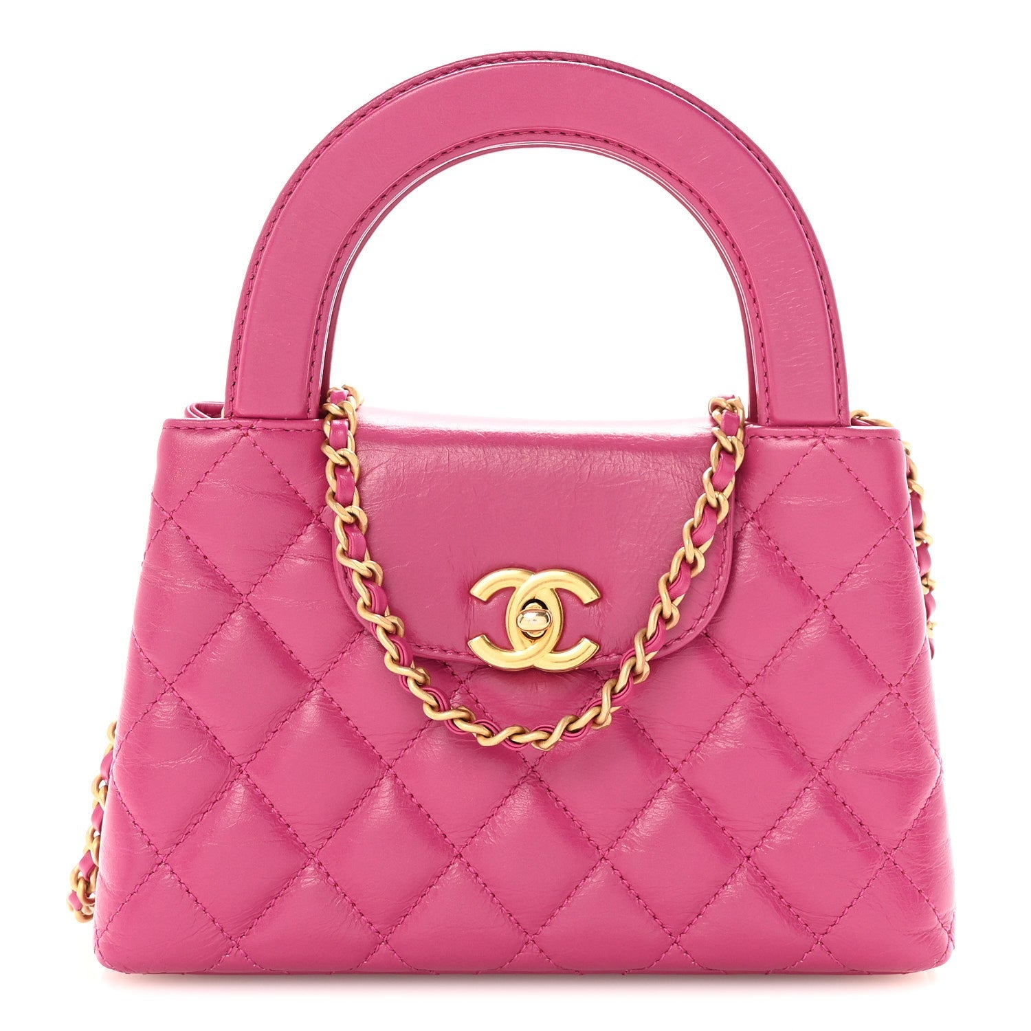 Shiny Aged Calfskin Quilted Nano Kelly Shopper Dark Pink