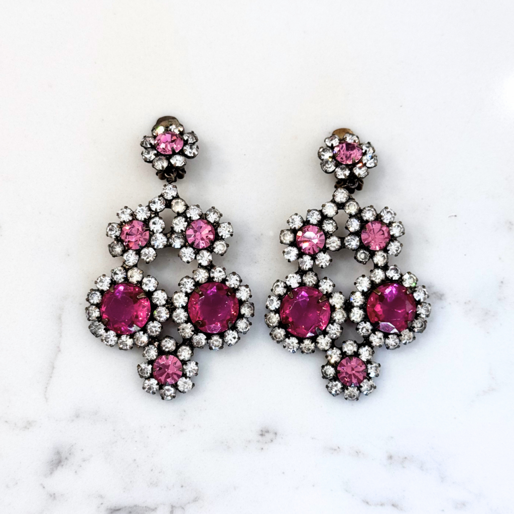 Pink White Crystal Chandelier Earrings