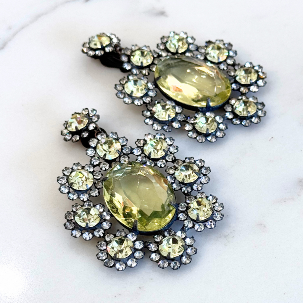Yellow White Crystal Chandelier Earrings