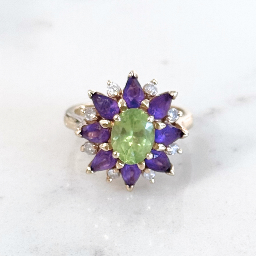 Green Peridot, Amethyst and Diamond Ring - 14K Gold