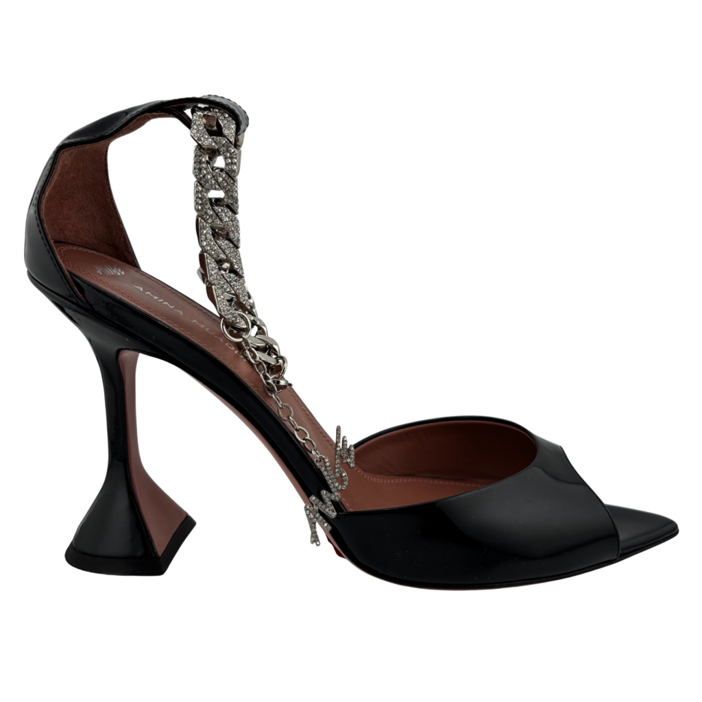 x Awge Black Patent Leather Ankle Chain Flacko Heel, 39