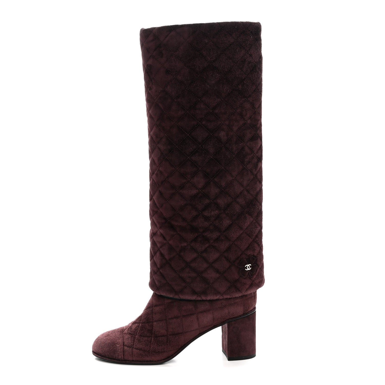 Suede Calfskin Quilted CC Fold Over High Boots 38.5 Dark Purple