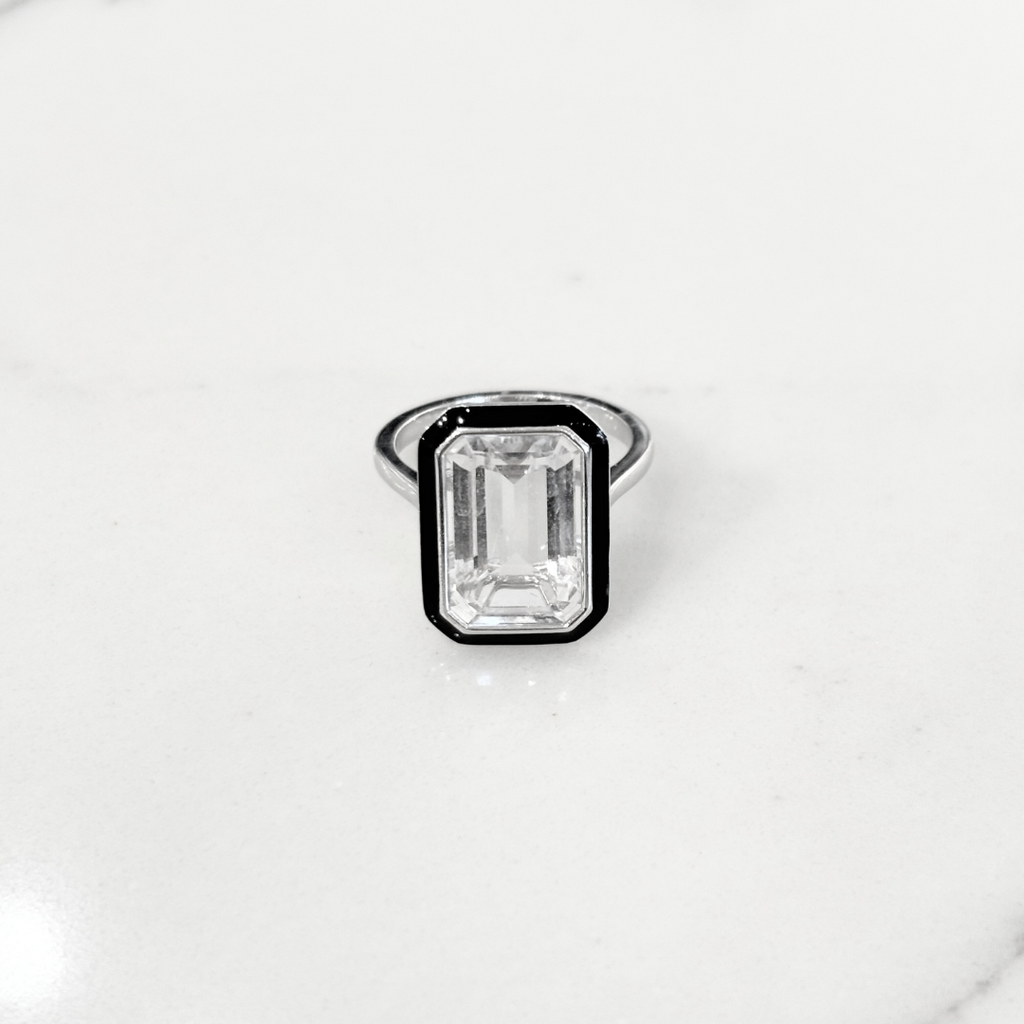 Goshwara Silver Tone Rock Crystal & Black Enamel Cocktail Ring