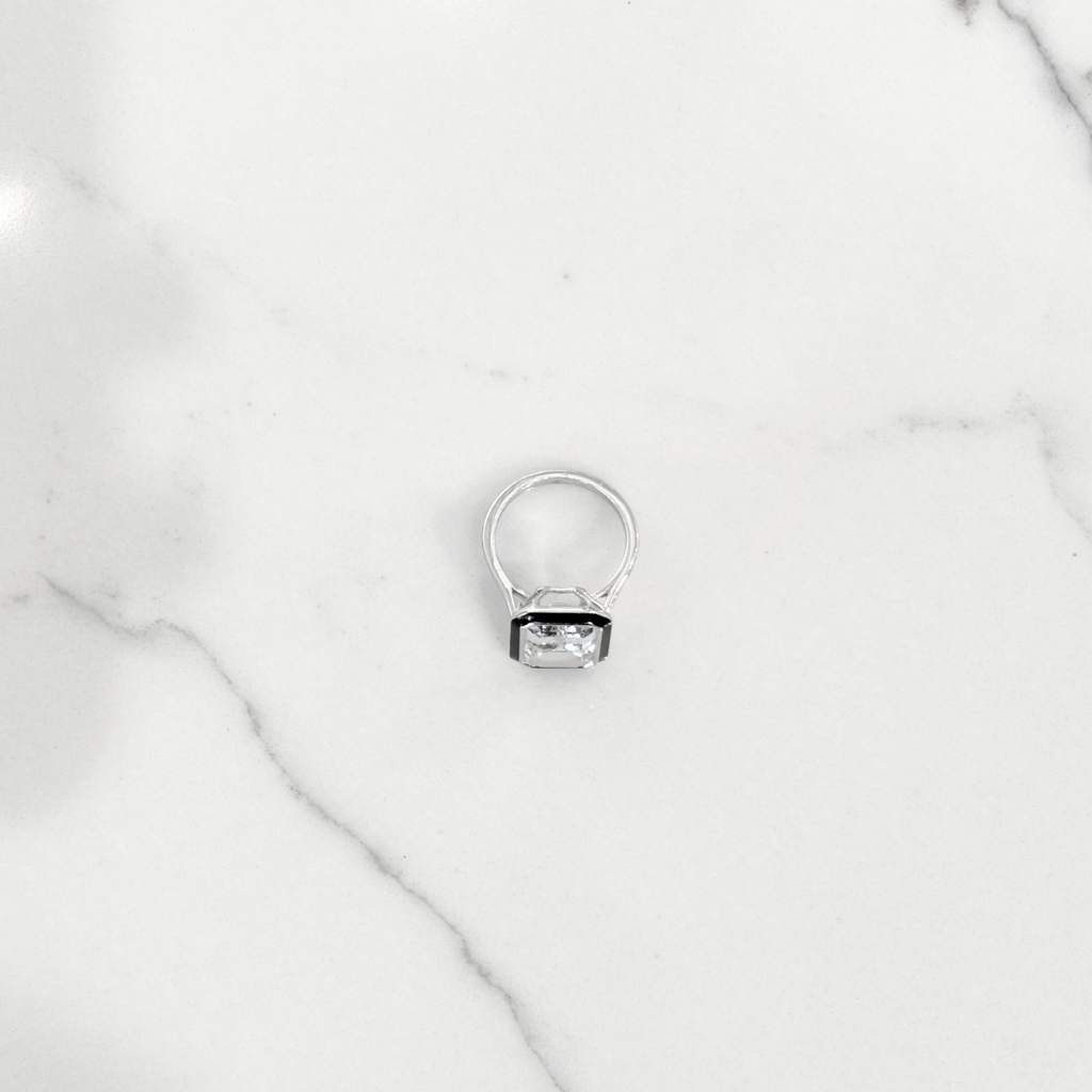 Goshwara Silver Tone Rock Crystal & Black Enamel Cocktail Ring