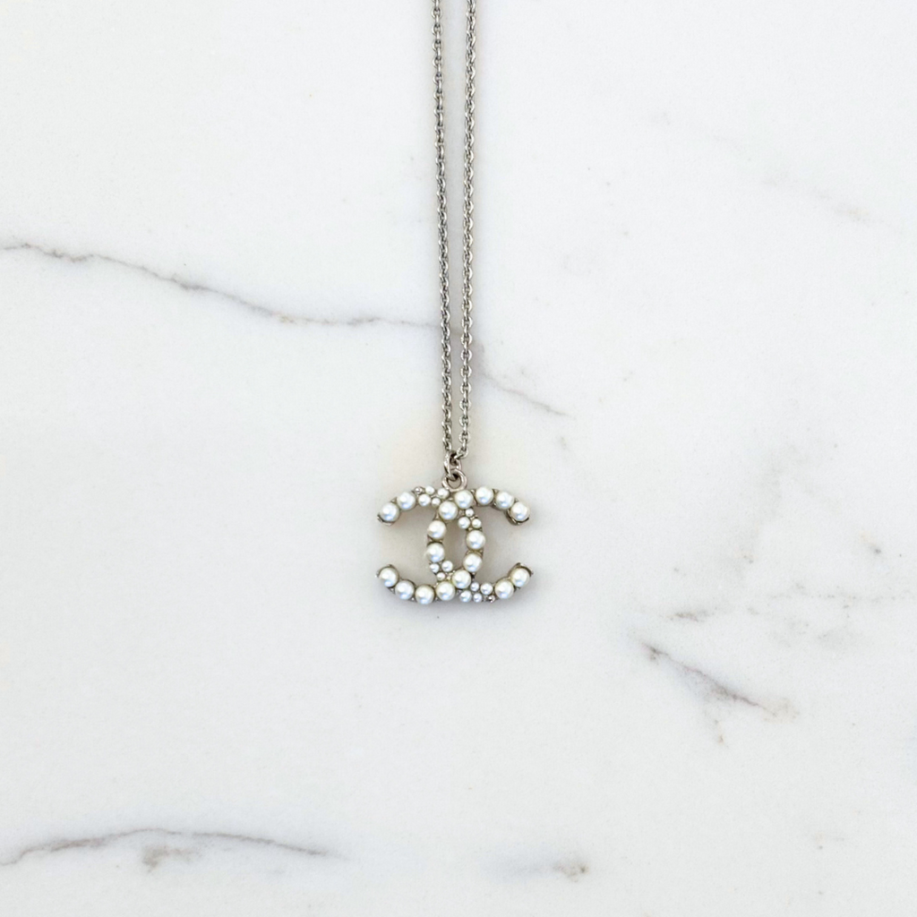 Chanel Silver Faux Pearl CC Necklace