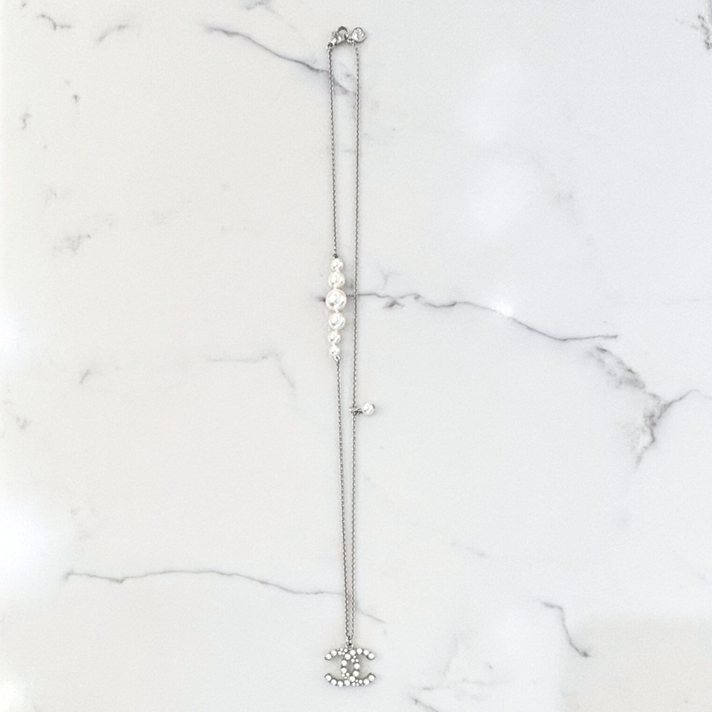 Chanel Silver Faux Pearl CC Necklace