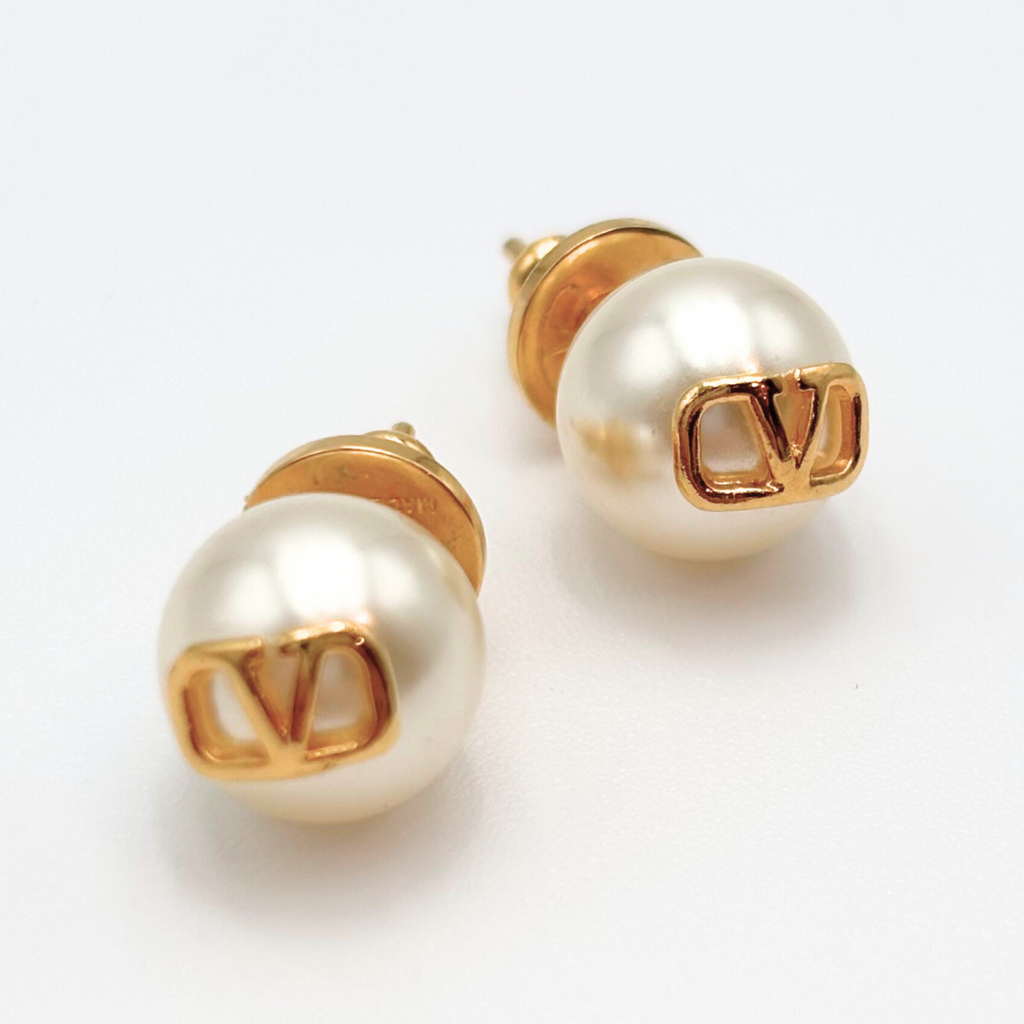 Valentino Faux Pearl Gold Logo Studs