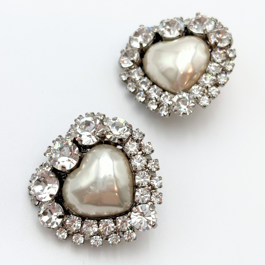 Alessandra Rich Pearl Crystal Heart Clip On Earrings