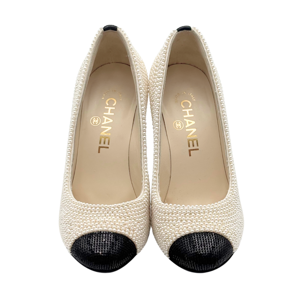 Chanel Pearl Black Toe Pumps, 35