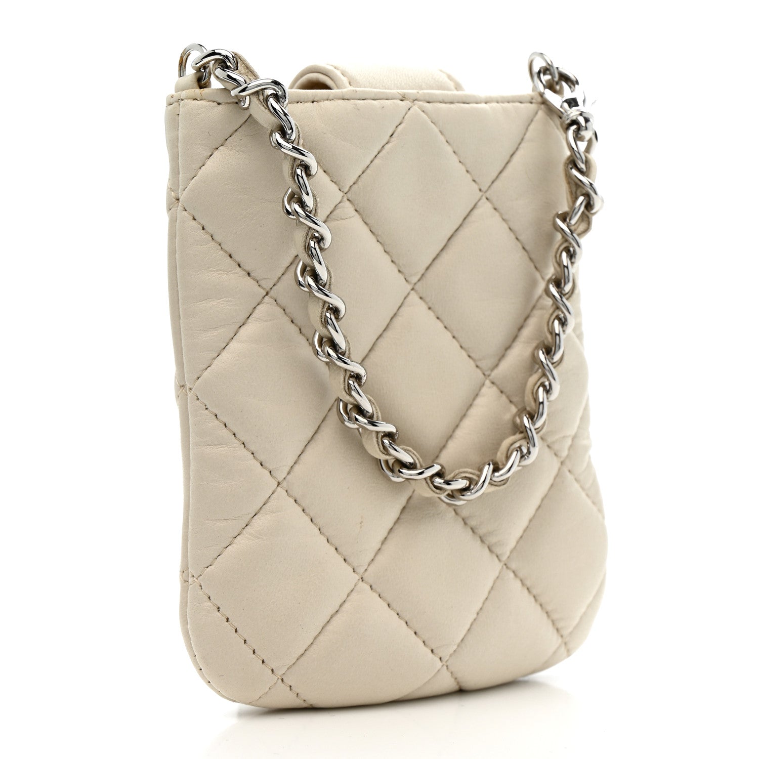 Lambskin Quilted Phone Holder On Chain White