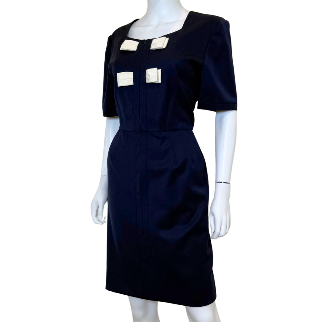 Valentino Miss V Short Sleeve Navy Bow Dress, 44 (1980s)