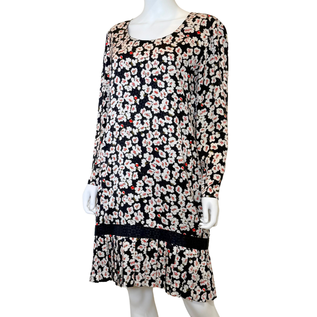 Valentino Miss V Floral Cherry Blossom Pleated Hem Quarter Sleeve Dress, 44 (1980-1990s)