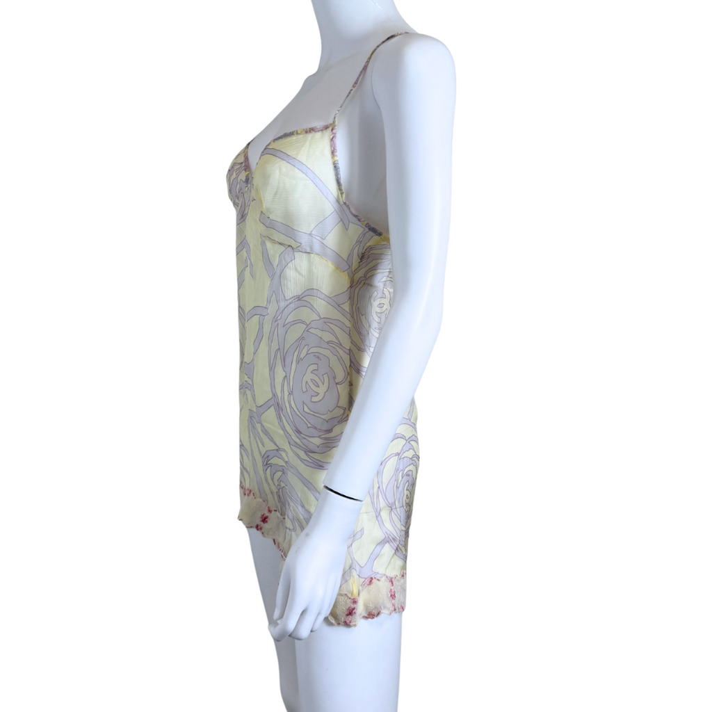 Chanel SPRING 2003 CAMELLIA CC SILK CHIFFON LACE TRIM CAMI, 40