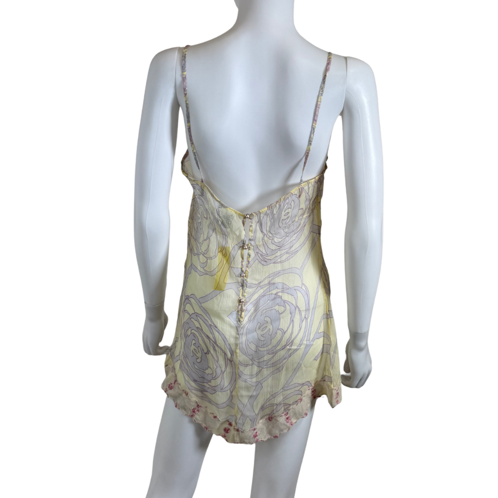 Chanel SPRING 2003 CAMELLIA CC SILK CHIFFON LACE TRIM CAMI, 40