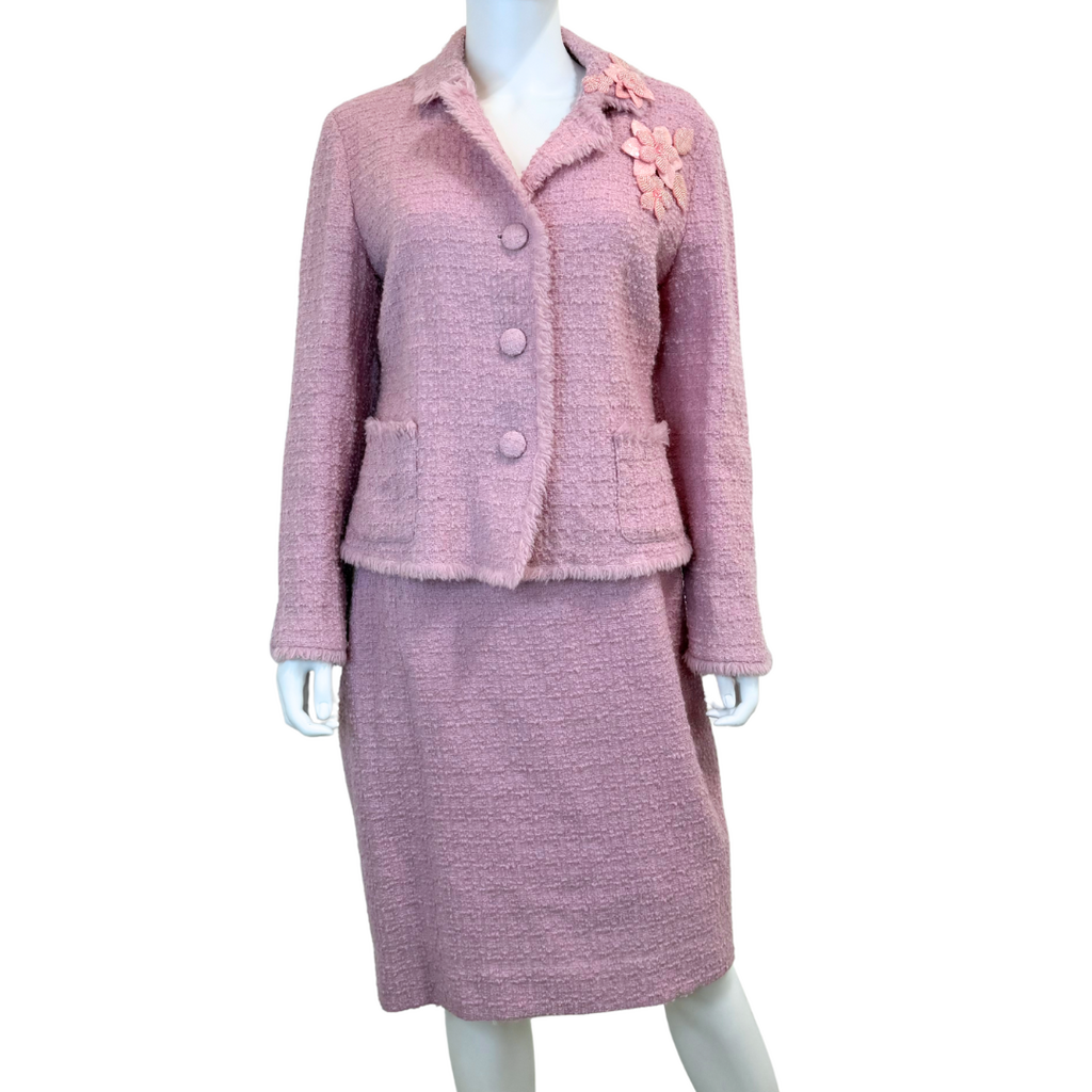 Moschino 2000s Wool Blend Tweed Beaded Flower Jacket / Skirt SET, 14