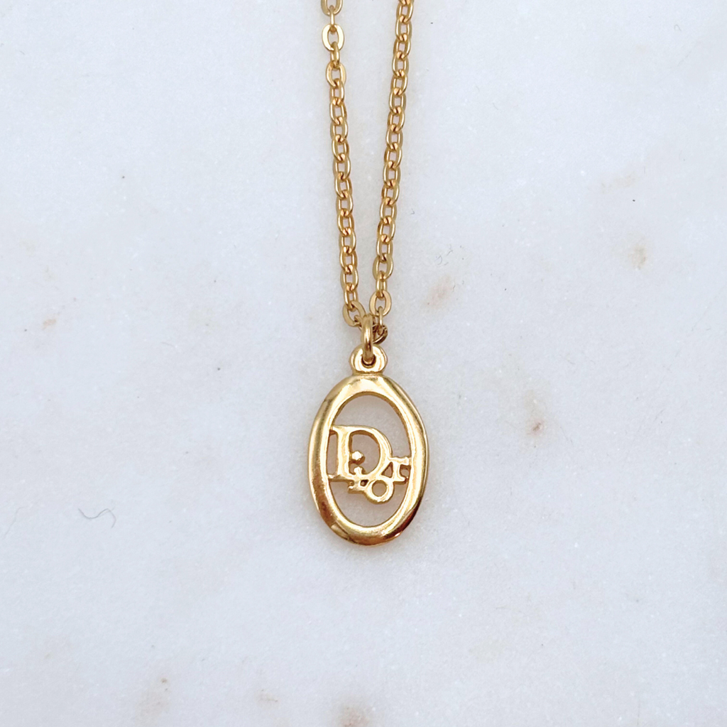 Christian Dior Gold Plated Vintage Oval Logo Necklace