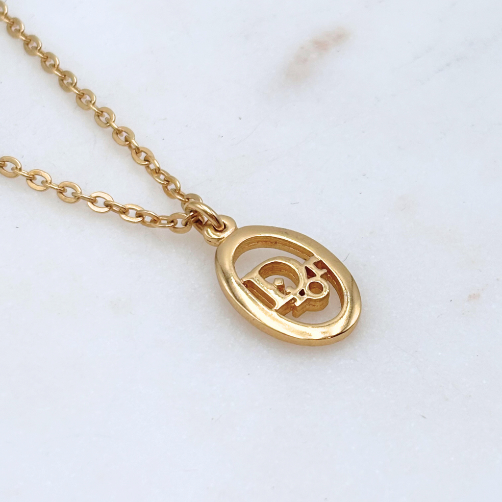 Christian Dior Gold Plated Vintage Oval Logo Necklace