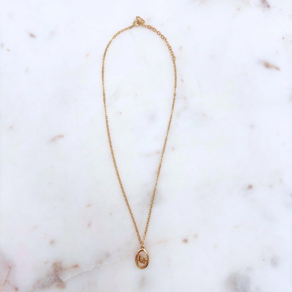 Christian Dior Gold Plated Vintage Oval Logo Necklace